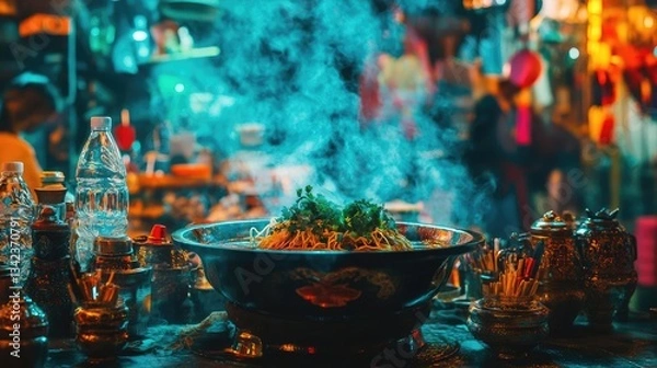 Fototapeta Steaming Bowl Of Food At A Night Market Vendor's Stall At Night Market Event in City Center Plaza with Vibrant Backgrounds With Smoke and Steam Rising from Food in Metal Bowl With Teal, Blue, And