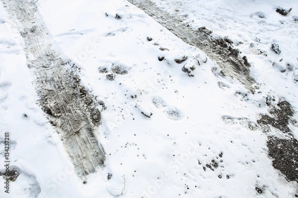 Fototapeta Winter snow tire marks