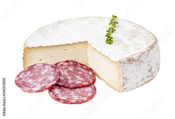 Fototapeta Round brie cheese with slices of salami and herb garnish, cut out