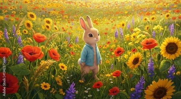 Fototapeta A Playful Peter Rabbit Nestled Among Golden Sunflowers, Enjoying a Sunny Day in a Picturesque Field