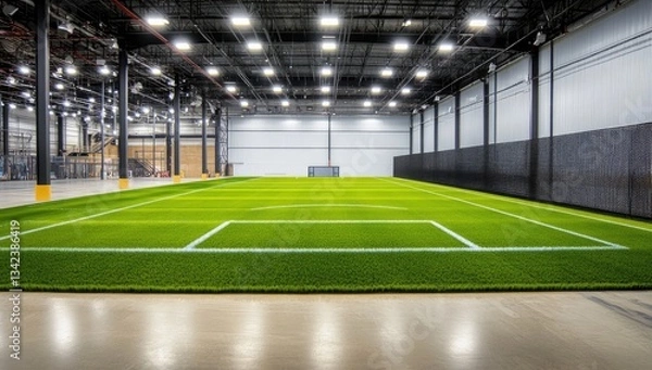 Fototapeta Indoor soccer field with artificial turf in a large warehouse setting