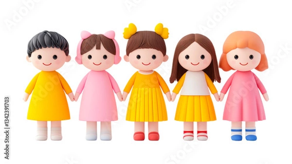 Fototapeta Cute cartoon group of children holding hands in colorful outfits, cut out