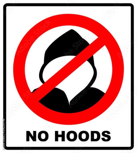 Obraz No hoods under this point sign. Warning banner. Vector illustration. Red prohibition circle isolated on white background. Remove hoods before enter