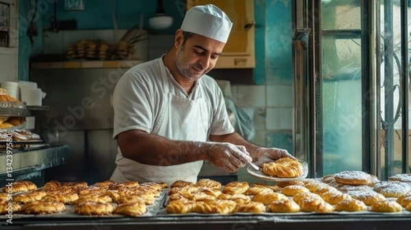 Obraz A baker is arranging pastries in his workplace kitchen