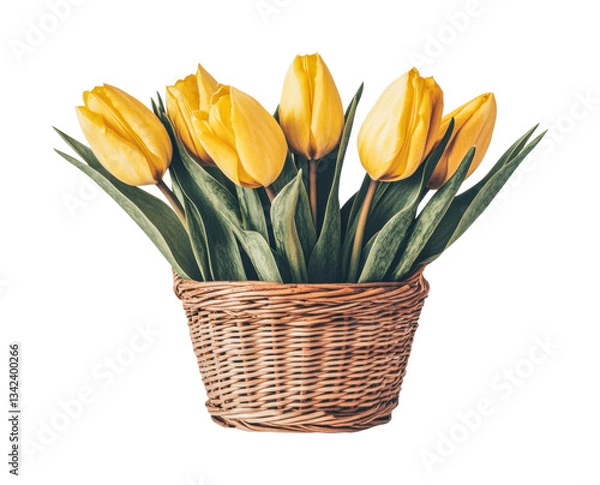 Obraz Vibrant yellow tulips in a wicker basket arrangement, cut out