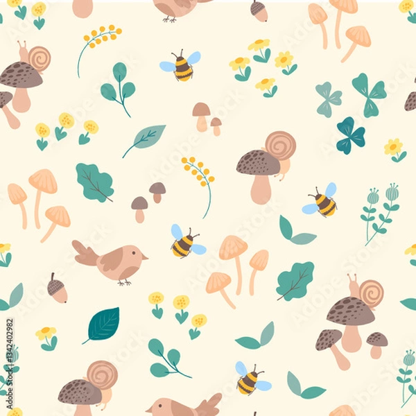 Obraz Forest pattern with birds, flowers, mushrooms, snails, bumblebees and leaves on beige background. Summer, spring animal seamless print for kids. Cute floral fabric design for babies. Botanic elements