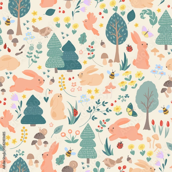 Fototapeta Forest pattern with bunnies, birds, flowers, mushrooms and trees on beige background. Summer, spring animal children's seamless print. Cute hand drawn textile design for kids