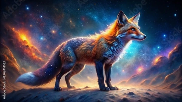 Fototapeta A cosmic fox with a glowing galaxy pattern in its fur, sparkling like the Milky Way, standing in a dreamy night landscape