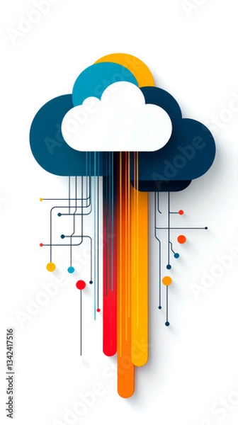 Obraz A colorful cloud illustration with digital lines and drops, symbolizing technology and data flow.