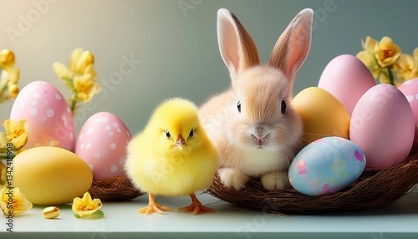 Fototapeta cute easter arrangement with bunny chick and decorated eggs on a soft pastel background perfect for spring celebrations and seasonal greetings