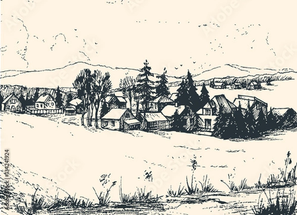 Obraz Countryside landscape, Hand drawn illustration sketch.