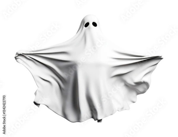 Fototapeta Cartoon ghost with sheet and eyes floating in air illustration, cut out