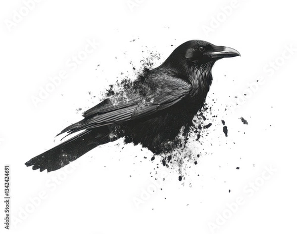 Fototapeta Dynamic splashing raven in flight with artistic textures and details, cut out