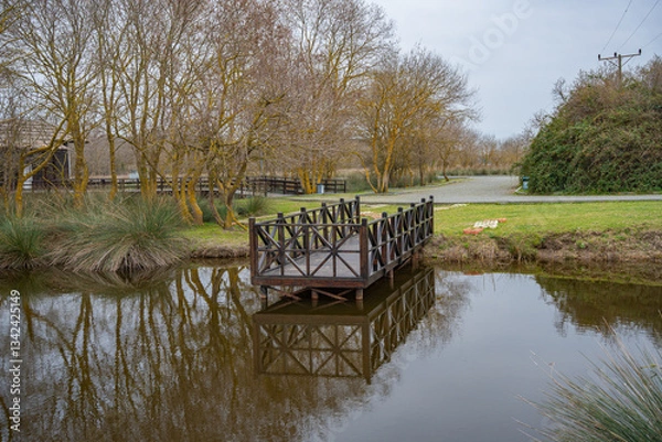 Fototapeta Wooden dock over calm river with reflections and rural landscape under overcast sky. Wooden platform with trees, grassy surroundings and fence in the background
