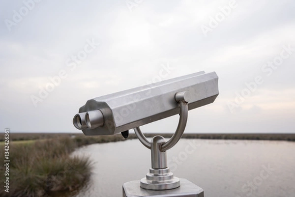 Fototapeta Metallic binocular overlooking marsh with water and path under overcast sky. Closeup of outdoor coin operated silver binocular viewer for tourists. Distant landscape. Telescope, travel, nature concept