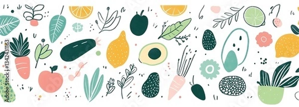 Obraz Colorful hand drawn illustration of fruits and vegetables with vibrant patterns and playful design elements : Generative AI
