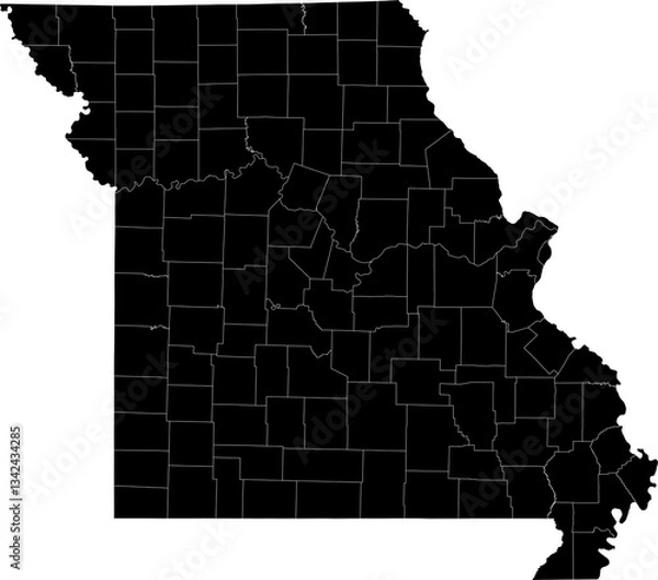 Fototapeta A black and white outline map of Missouri featuring county divisions and state borders.