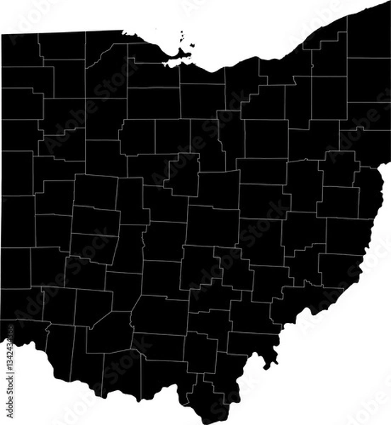 Fototapeta A black and white outline map of Ohio highlighting county boundaries and administrative regions.