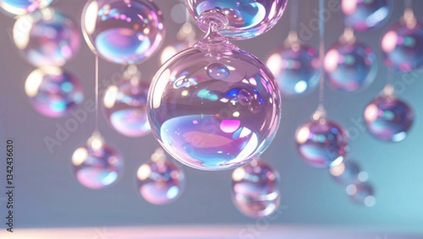 Fototapeta A close-up, high-detail rendering of transparent, iridescent 3D glass spheres falling from top to bottom. The spheres reflect soft hues of pink, blue, and purple, interacting beautifully with light