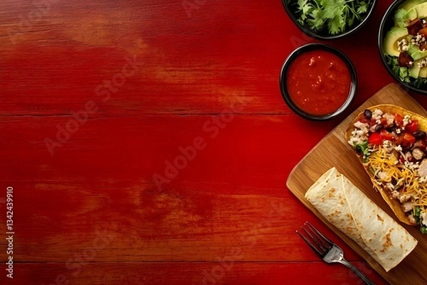 Fototapeta Delicious Mexican style tacos with colorful toppings on a wooden table : Generative AI