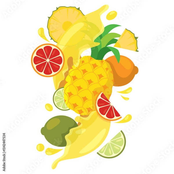 Fototapeta Tropical citrus mix with pineapple and juice splash Vector