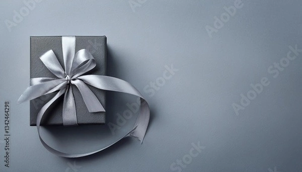 Fototapeta Gray Gift Box with Silver Ribbon on Gray Background. Top View of Teacher Day Gifts with Copy Space