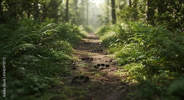Fototapeta Following Footprints on Forest Path Through Lush Greenery and Sunlight