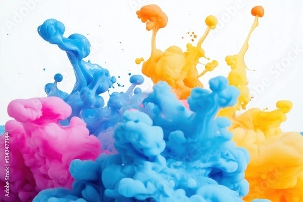 Obraz Explosão vibrante de tinta colorida com tons de azul, rosa, laranja e amarelo, capturada em movimento dinâmico, criada com IA generativa para um efeito visual impressionante