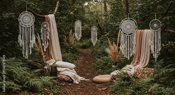 Fototapeta Dreamcatchers Hanging in Forest Clearing with Pillows and Blankets