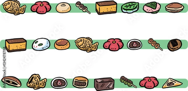 Obraz いろいろな和菓子のラインイラストセット	