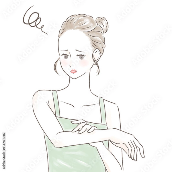 Obraz 日焼けした腕を触り困った顔をするキャミソールの女性　お団子の髪型