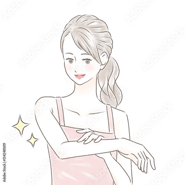 Obraz すべすべになった腕を触り喜ぶキャミソールの女性　ポニーテール