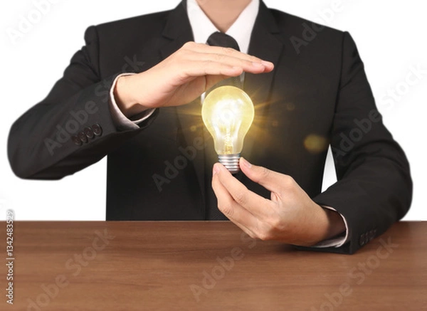 Obraz Innovative business idea generation event corporate office image of light bulb professional environment close-up view creativity and innovation