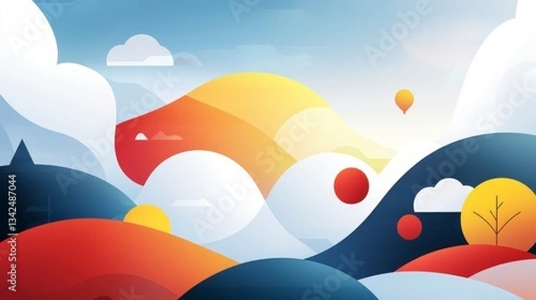 Fototapeta Abstract Landscape  Colorful Hills  Clouds  Hot Air Balloon  Modern Art