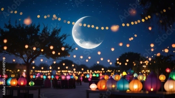 Fototapeta Magical Ramadan Night with Lanterns and Crescent Moon