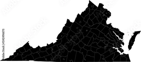 Fototapeta A black and white outline map of Virginia showing state divisions and county borders.