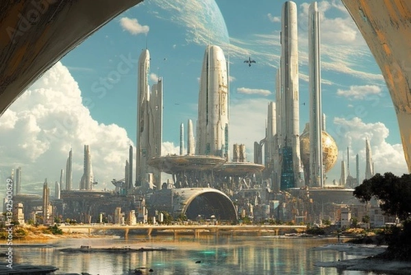 Fototapeta Futuristic alien city with lush greenery, advanced architecture, and massive ring structures. A harmonious blend of nature and technology in a hyperrealistic sci-fi world with high-tech infrastructure