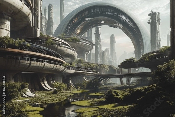 Fototapeta Futuristic alien city with lush greenery, advanced architecture, and massive ring structures. A harmonious blend of nature and technology in a hyperrealistic sci-fi world with high-tech infrastructure