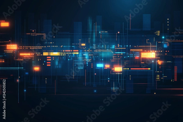 Obraz Abstract Technology Background with Colorful Dots and Pixel Patterns in Data Visualization