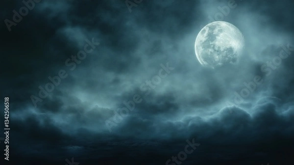 Fototapeta Mystical Night Sky with Illuminated Moon and Clouds: Tranquil Eerie Beauty in Celestial Serenity