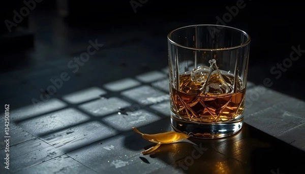 Fototapeta A solitary glass of amber whiskey rests on a dark surface, bathed in the dramatic light of a shadowed window, reflecting quiet contemplation.