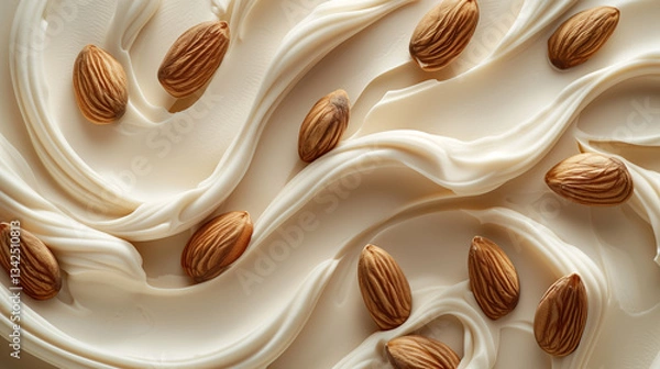 Fototapeta Almond cream texture with whole almonds. Luxury skincare product with natural ingredients.