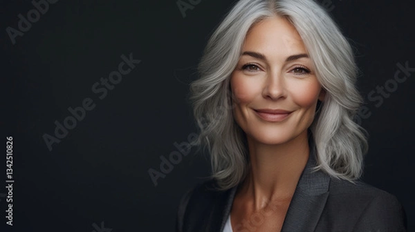 Fototapeta Close-up studio portrait of a middle-aged woman with shoulder-length silver hair.  The subject is looking directly at the camera with a soft, confident smile.  She has minimal makeup and her skin