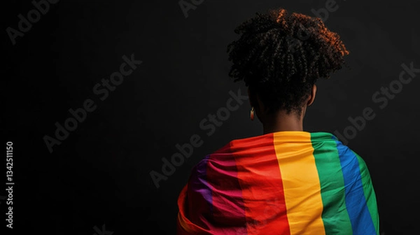 Fototapeta Back View of a Young African Woman Wrapped in a Rainbow Flag, Isolated on a Black Background, Representing the LGBT+ Community and Advocating for Minority and Human Rights
