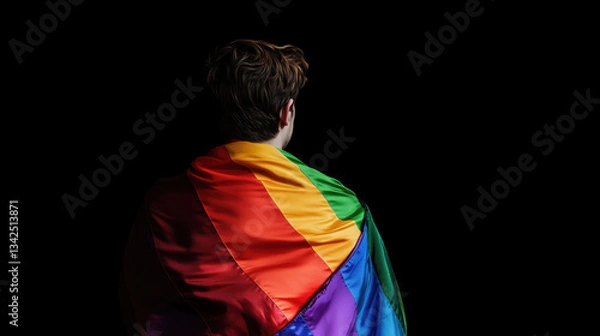 Fototapeta Back View of a Young Caucasian Man Wrapped in a Rainbow Flag, Isolated on a Black Background, Representing the LGBT+ Community and Advocating for Minority and Human Rights

