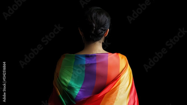 Fototapeta Back View of a Young Latinx Woman Wrapped in a Rainbow Flag, Isolated on a Black Background, Representing the LGBT+ Community and Advocating for Minority and Human Rights