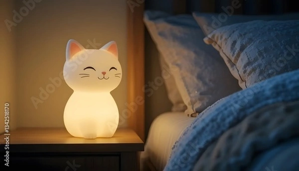 Fototapeta A serene smiling cat nightlight softly illuminating a bedroom, creating a calming bedtime atmosphere with warm gentle glow.