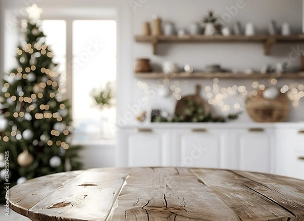 Fototapeta Blurred white kitchen interior with a round wooden table and a Christmas tree in the background, closeup. Modern Scandinavian home decor for product display montage, . 2/3 space to place text in 