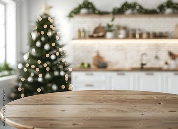 Fototapeta Blurred white kitchen interior with a round wooden table and a Christmas tree in the background, closeup. Modern Scandinavian home decor for product display montage, . 2/3 space to place text in 