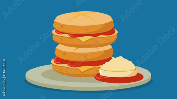 Fototapeta A tower of fluffy buttermilk biscuits served with a variety of savory spreads such as honey butter and roasted red pepper hummus.. Vector illustration